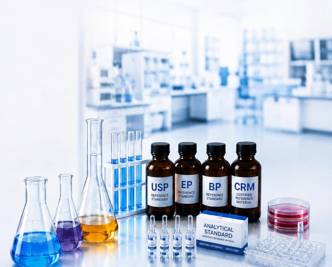 Laboratory bench with reference standard bottles, flasks and petri dishes
